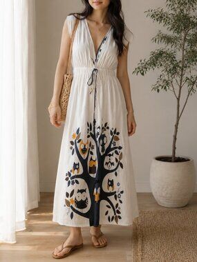 Whimsical Owl Tree Print Dress